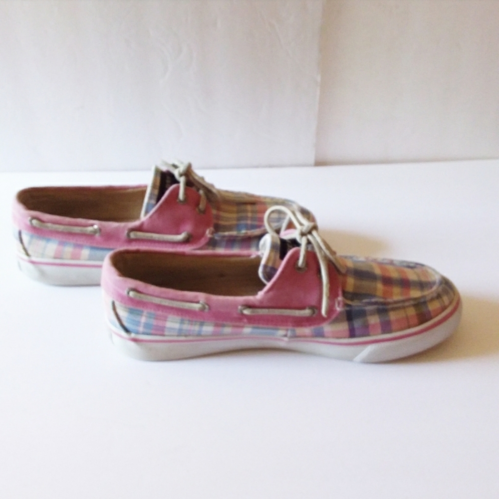 Sperry Pink, Blue & Tan Plaid Topsiders w/Rawhide Laces - Picture 5 of 7